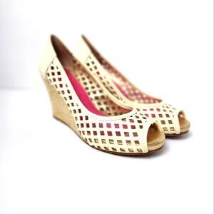 Lilly Pulitzer Resort Chic Basketweave Patent Leather Wedge Cream Size 9.5M US